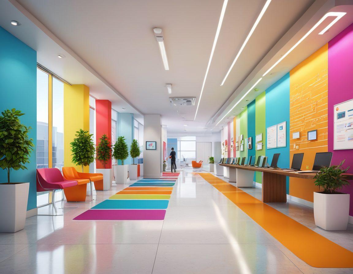 An intricately designed pathway leading from a consultation room filled with laptops and documents to a vibrant digital world representing website management. Include visual elements like graphs, conversion metrics, and a diverse group of professionals collaborating along the way. Bright colors and an inviting atmosphere to symbolize success and growth. super-realistic. vibrant colors. 3D.